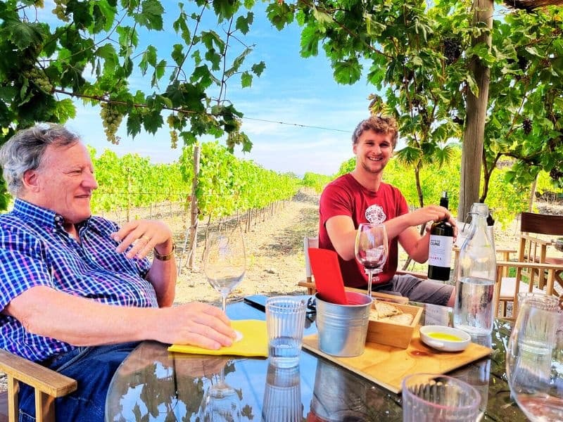 Two men enjoying outdoor wine tasting at vineyard table