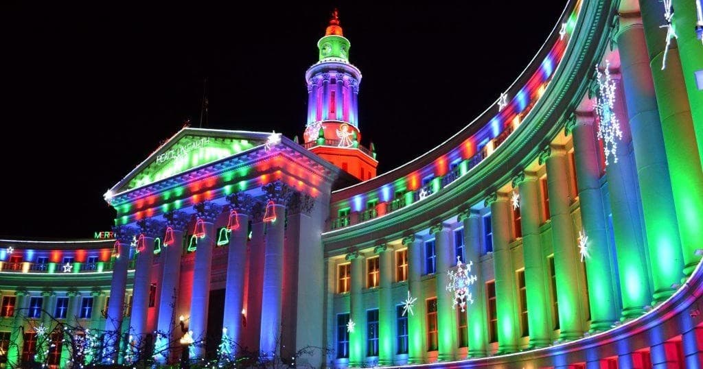 Nighttime illuminated civic building lighting display in Denver