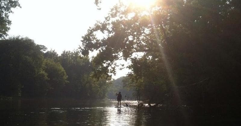 Sunlit river silhouette paddler framed by forest and glare