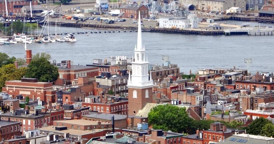Aerial view of Boston harbor and North End skyline, panoramic