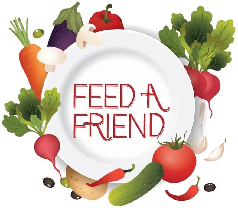 Feed-a-Friend charity food plate illustration promoting donations