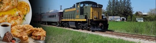 Vintage locomotive rolling through grassy fields during daytime excursion