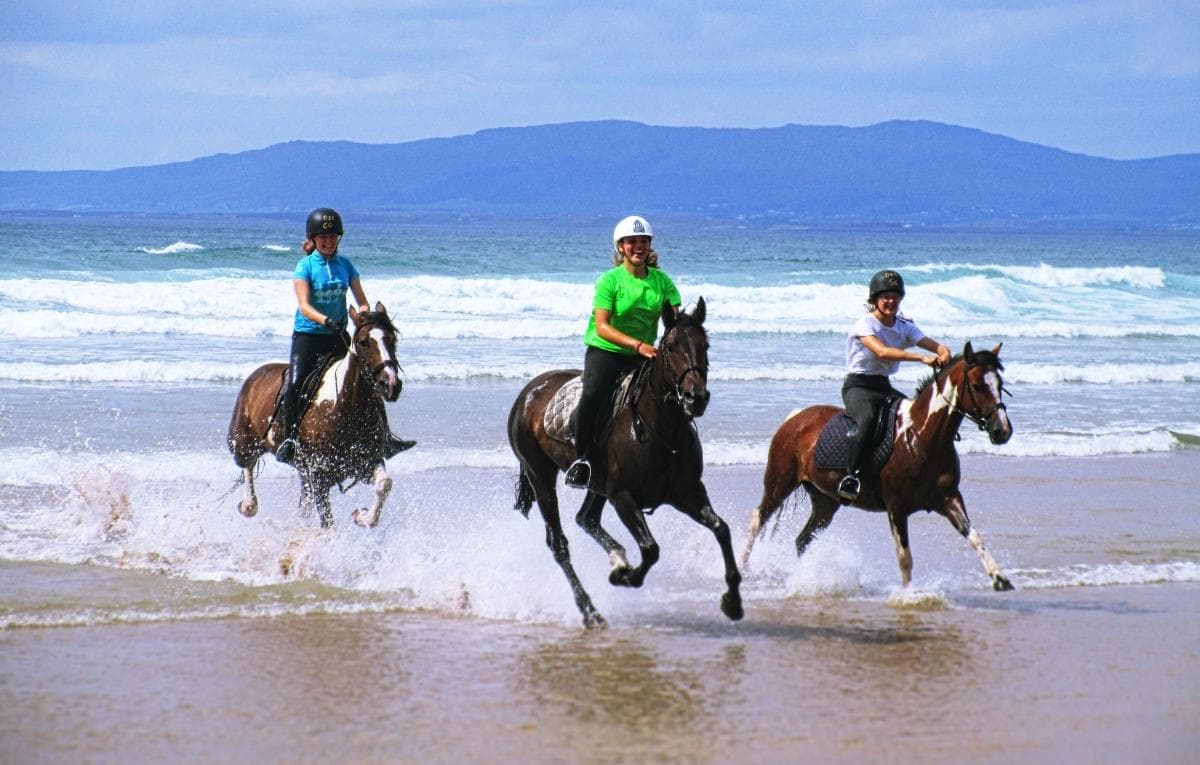 Coastal beach ride with three riders splashing through waves