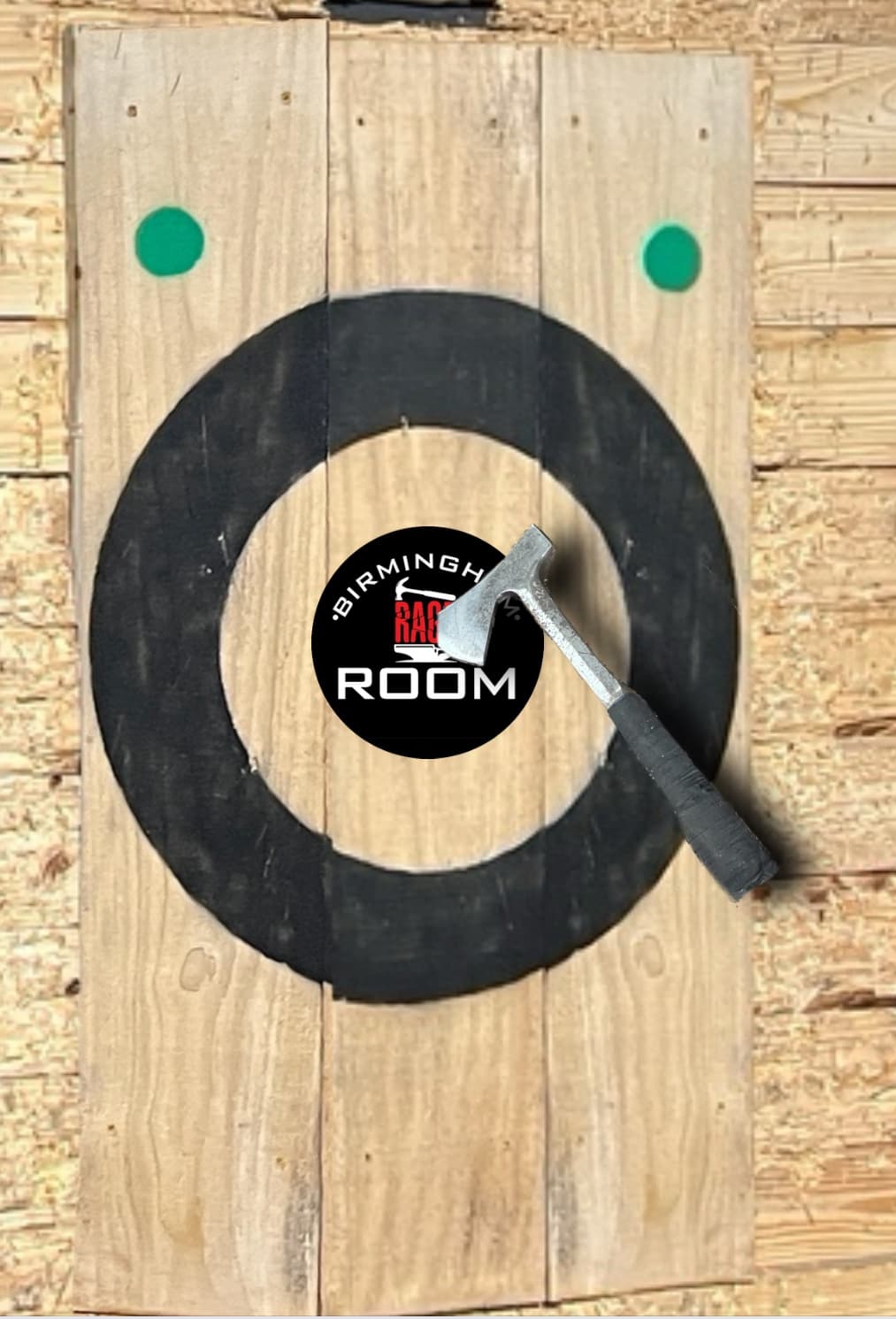 Wooden target board with lodged axe for indoor axe throwing