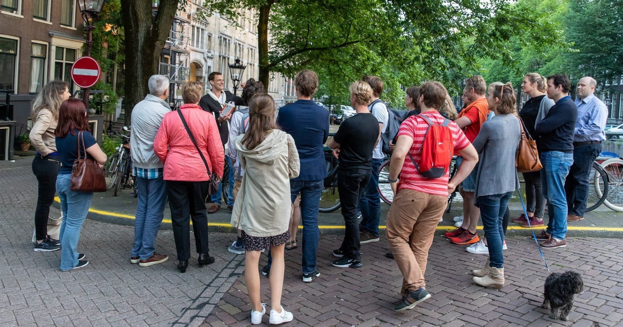 Crowd listening to outdoor guide on scenic tree-lined city walk