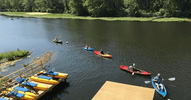 Aerial view of kayaks and docks on a green peaceful lake