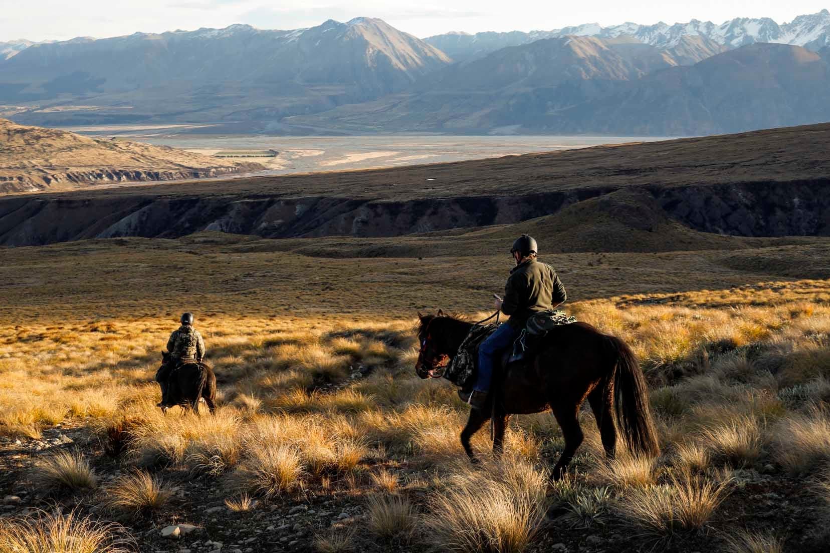 Riders exploring wide valley tussock with expansive mountain views
