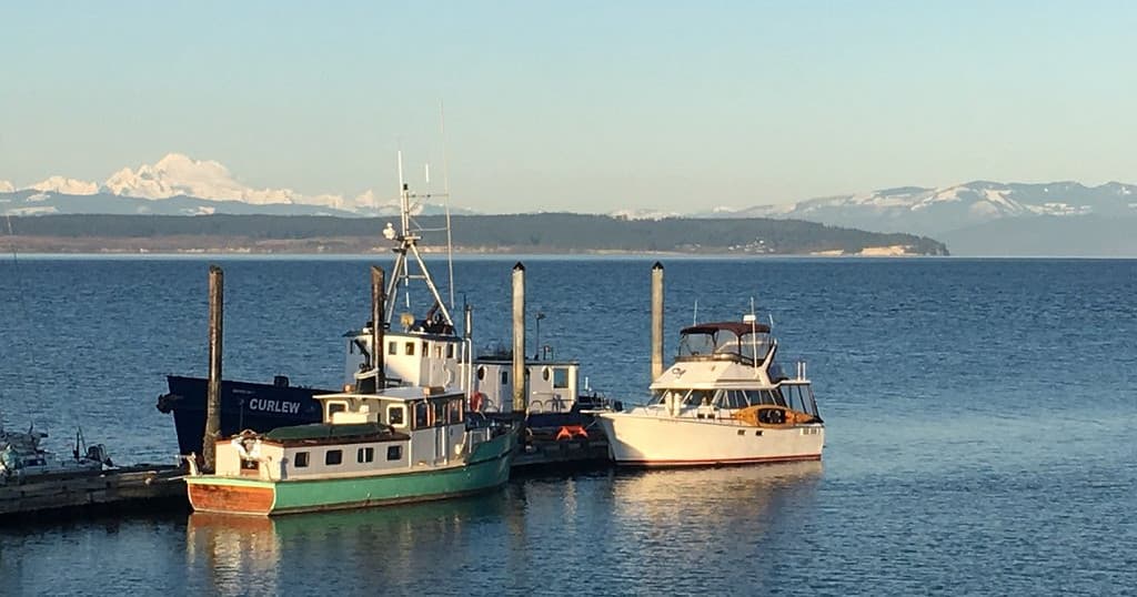 Three fishing and pleasure boats moored with mountain backdrop
