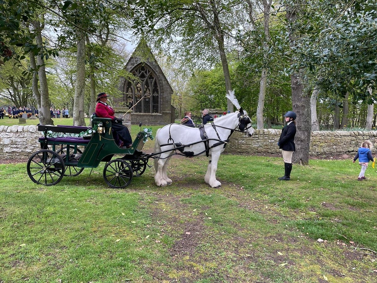 White horse pulling carriage in village park by chapel