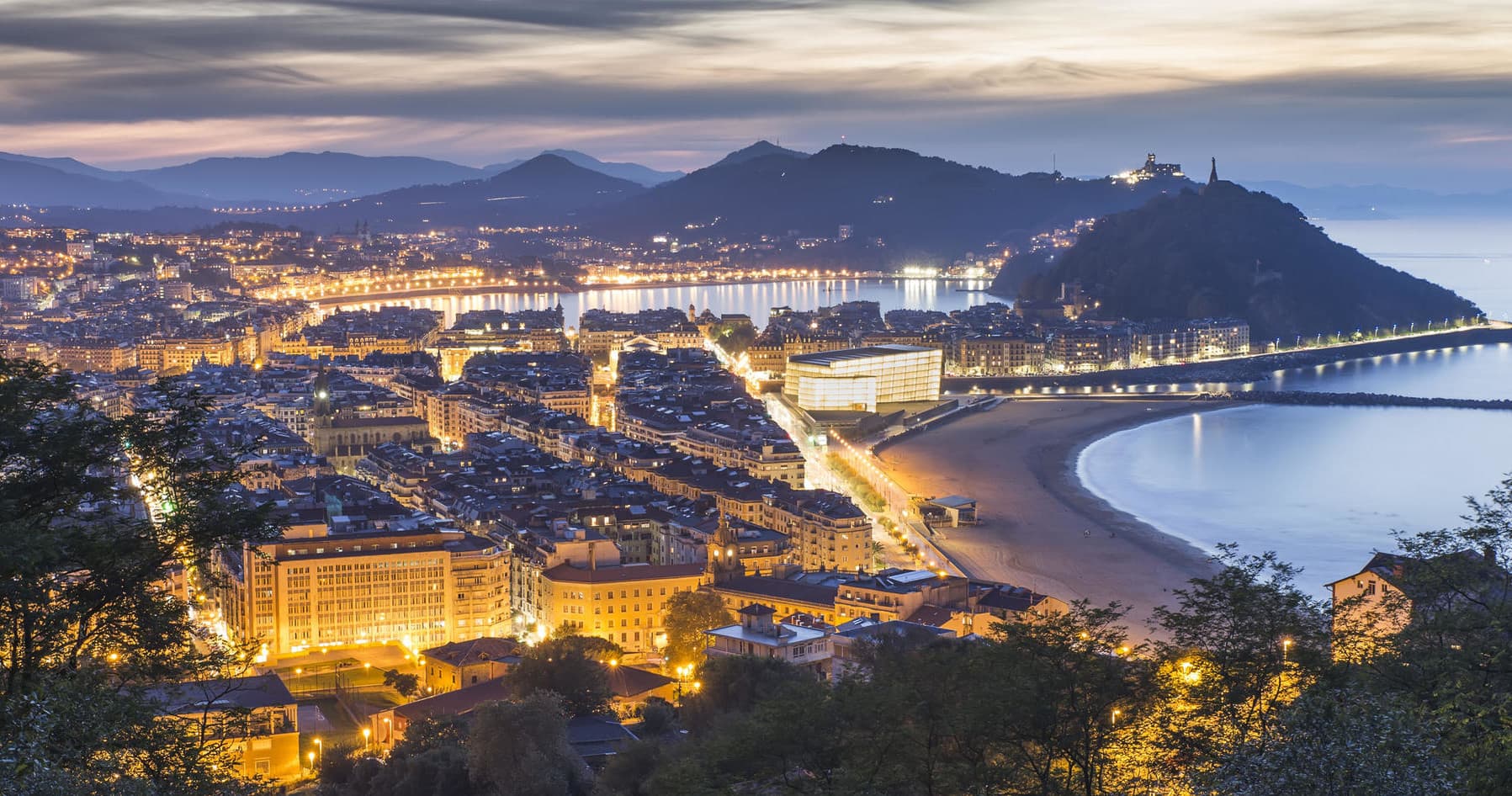 Evening city and bay panorama from San Sebastián hillside