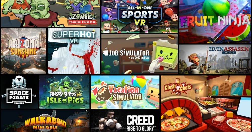 VR and arcade game selection collage showing titles