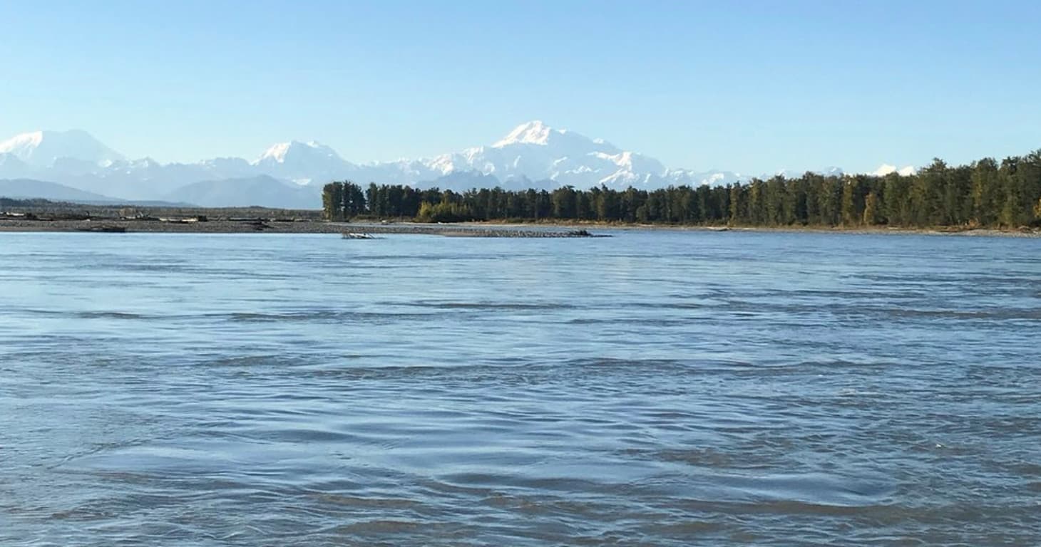 Scenic Alaskan river stretch with distant treeline and mountains