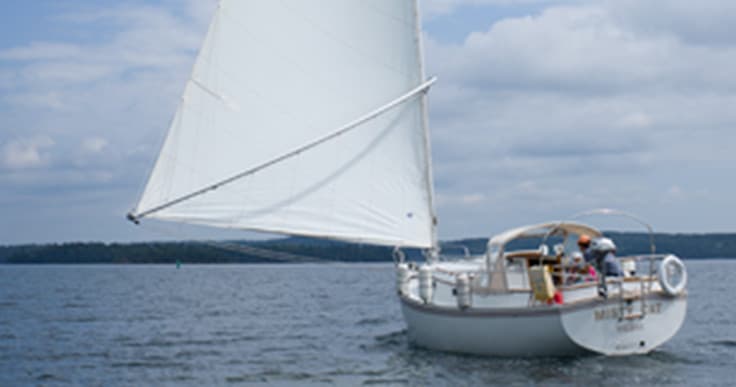 Sailboat cruising on open coastal waters under cloudy sky