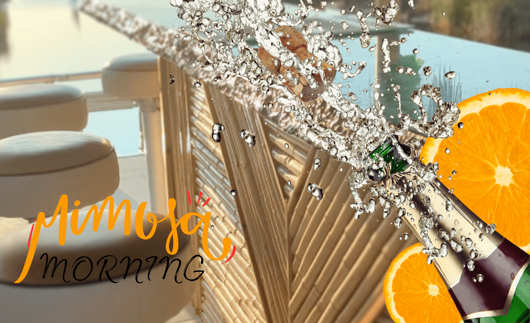 Champagne mimosa splash graphic promoting boat brunch experience