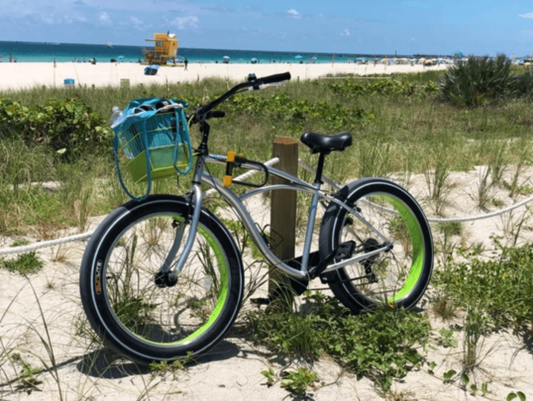 Beach cruiser bicycle parked on sandy dunes by ocean shore