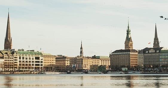 City waterfront skyline and spires ideal for urban walking tours