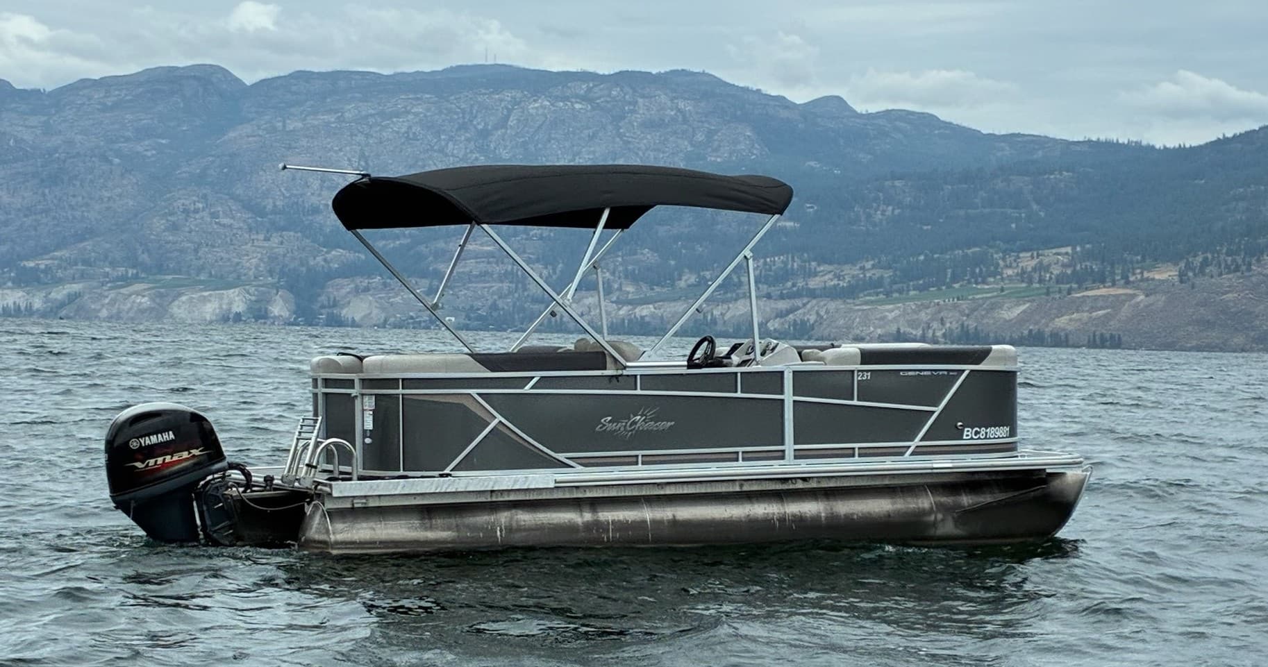 Pontoon boat cruising near shoreline with mountain vista