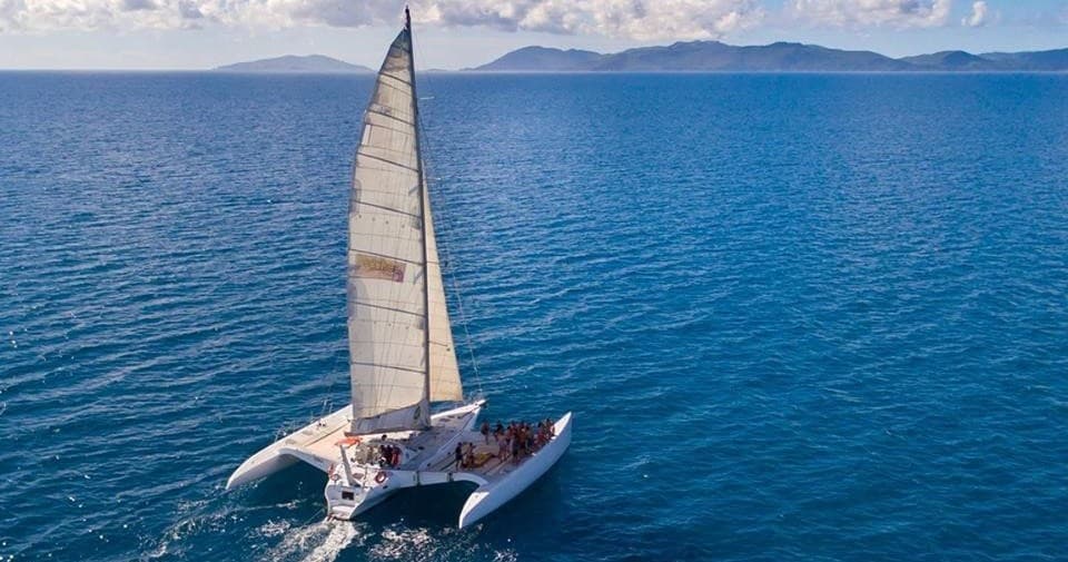 Catamaran sailing on open blue ocean with island horizon