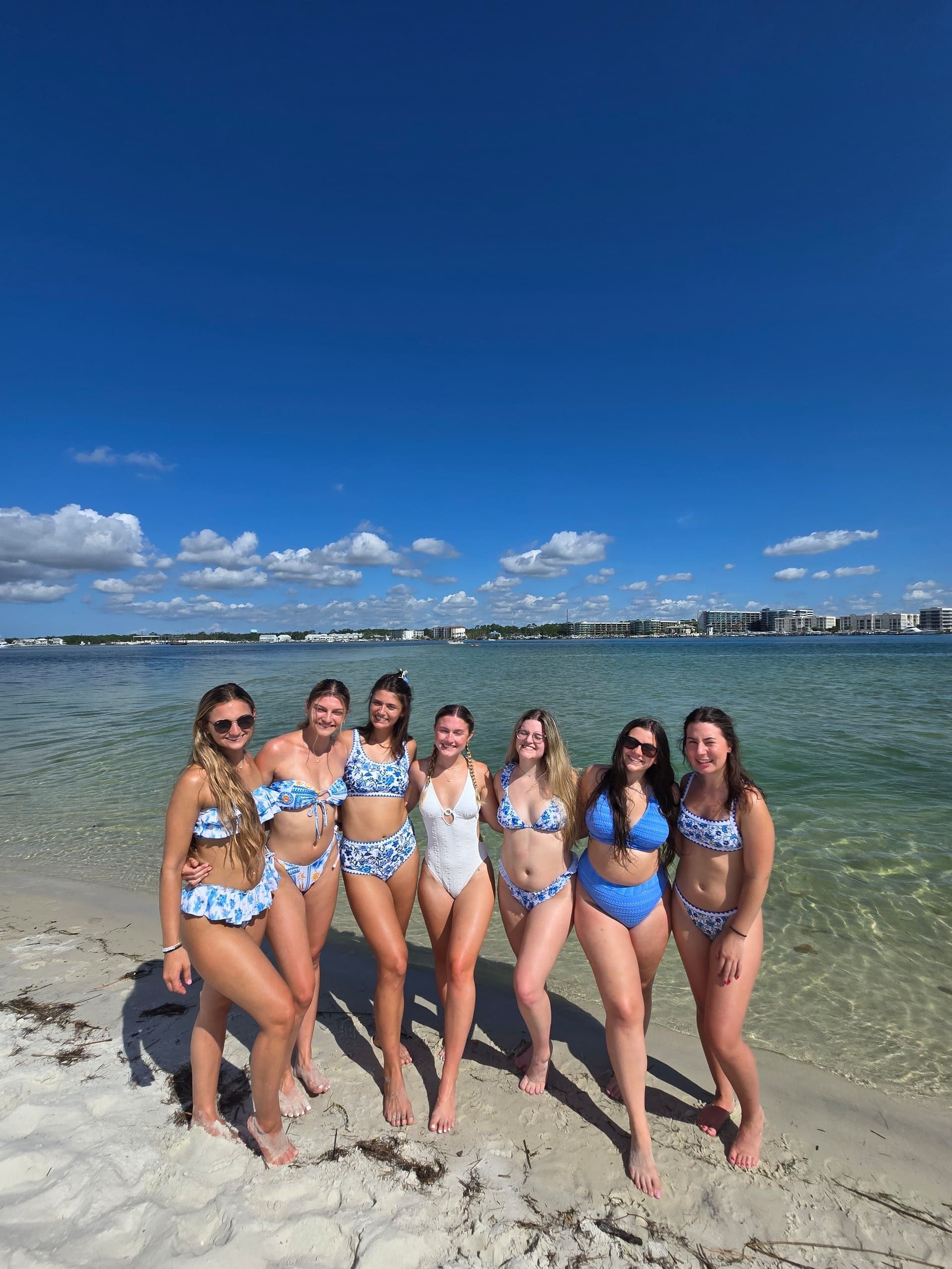 Seven friends in matching bikinis standing on sandy beach
