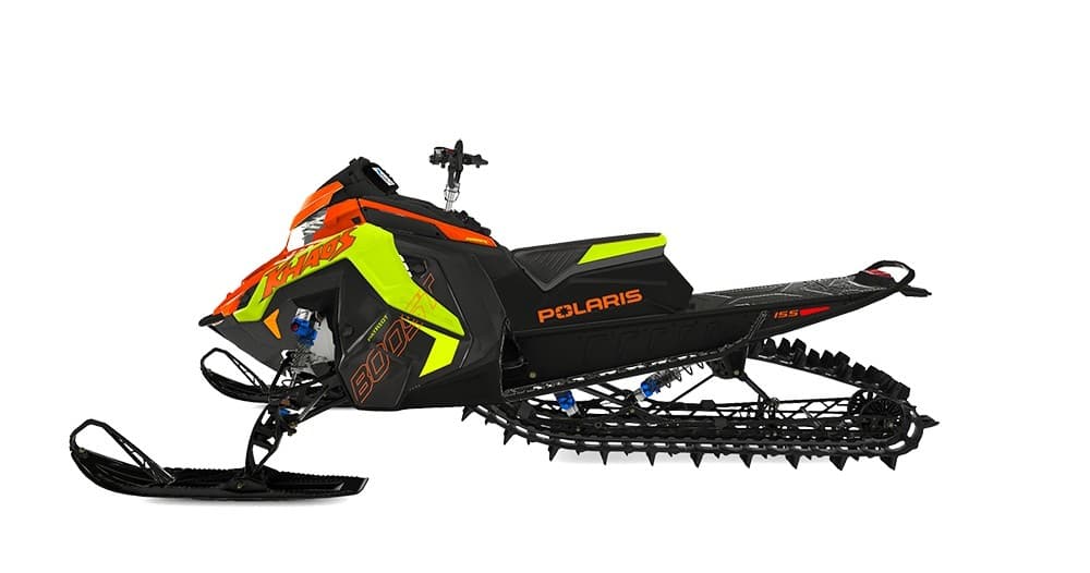 Neon-accent snowmobile rental product shot, winter vehicle