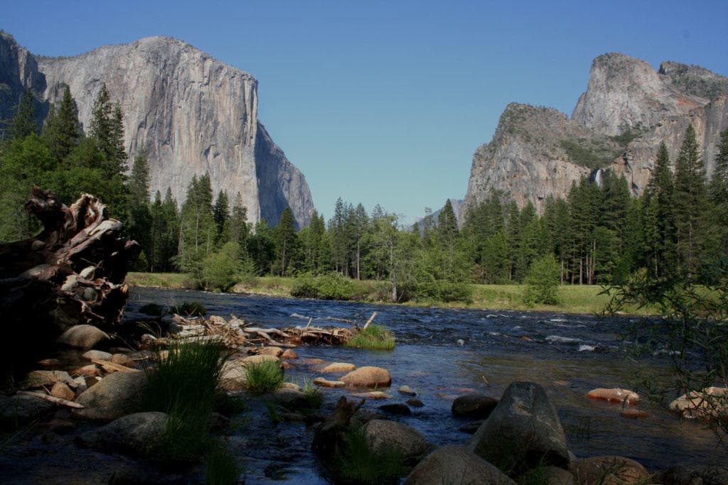 Yosemite Valley panorama featuring El Capitan and river view