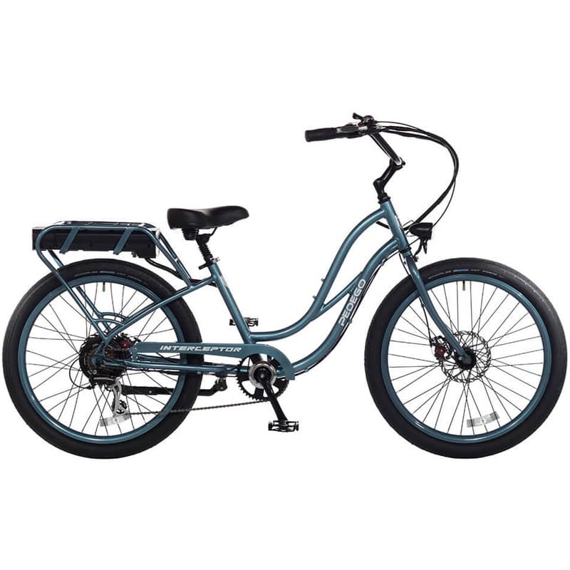 Blue step-through electric bike studio shot, commuter style photo