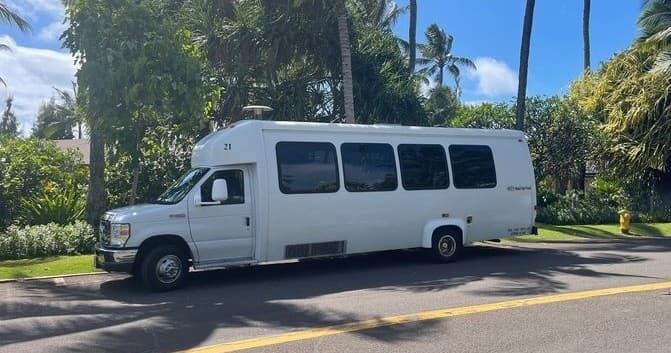 White shuttle van parked on Hawaii roadside, island transport service