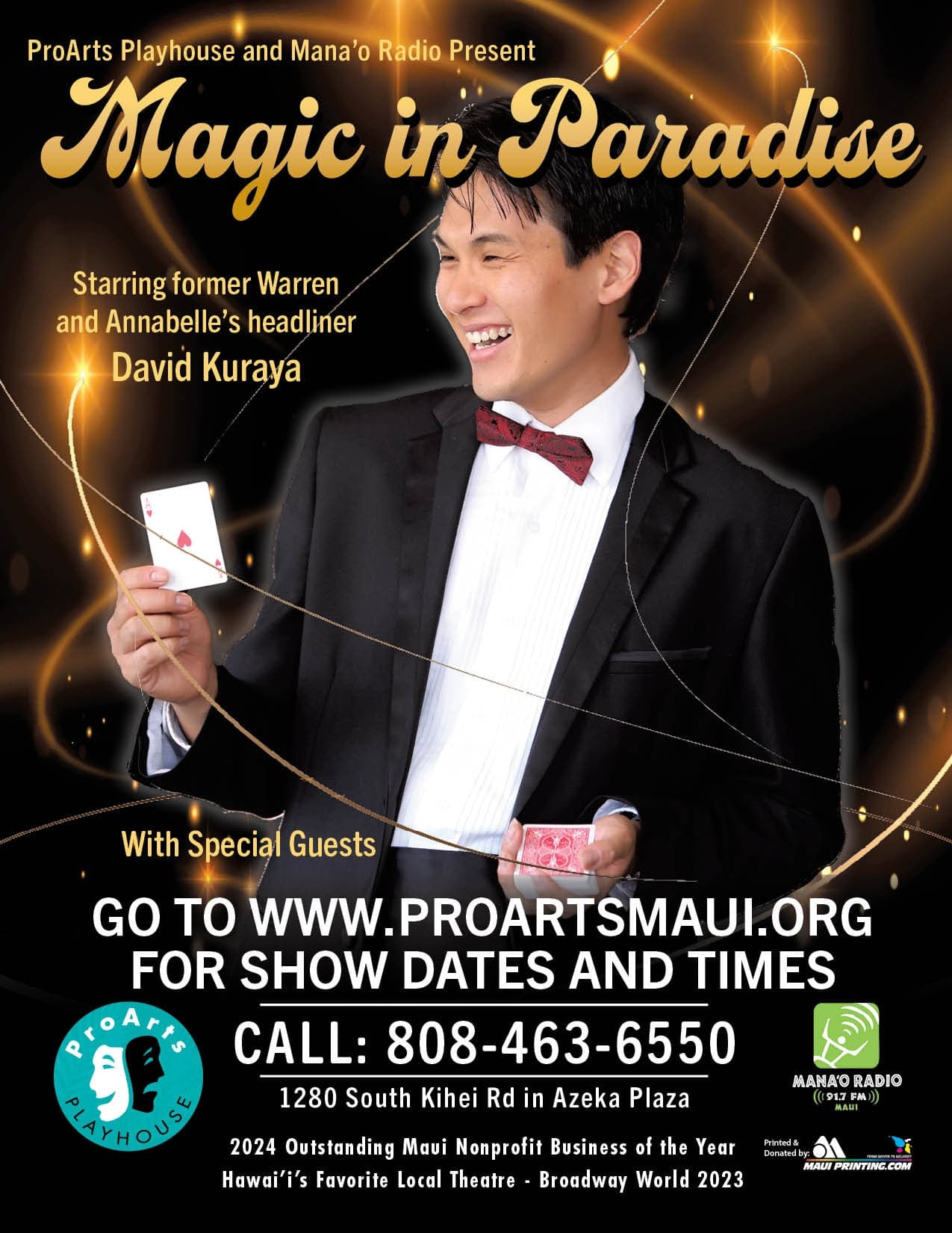 Magician performing card trick in formal stage show poster