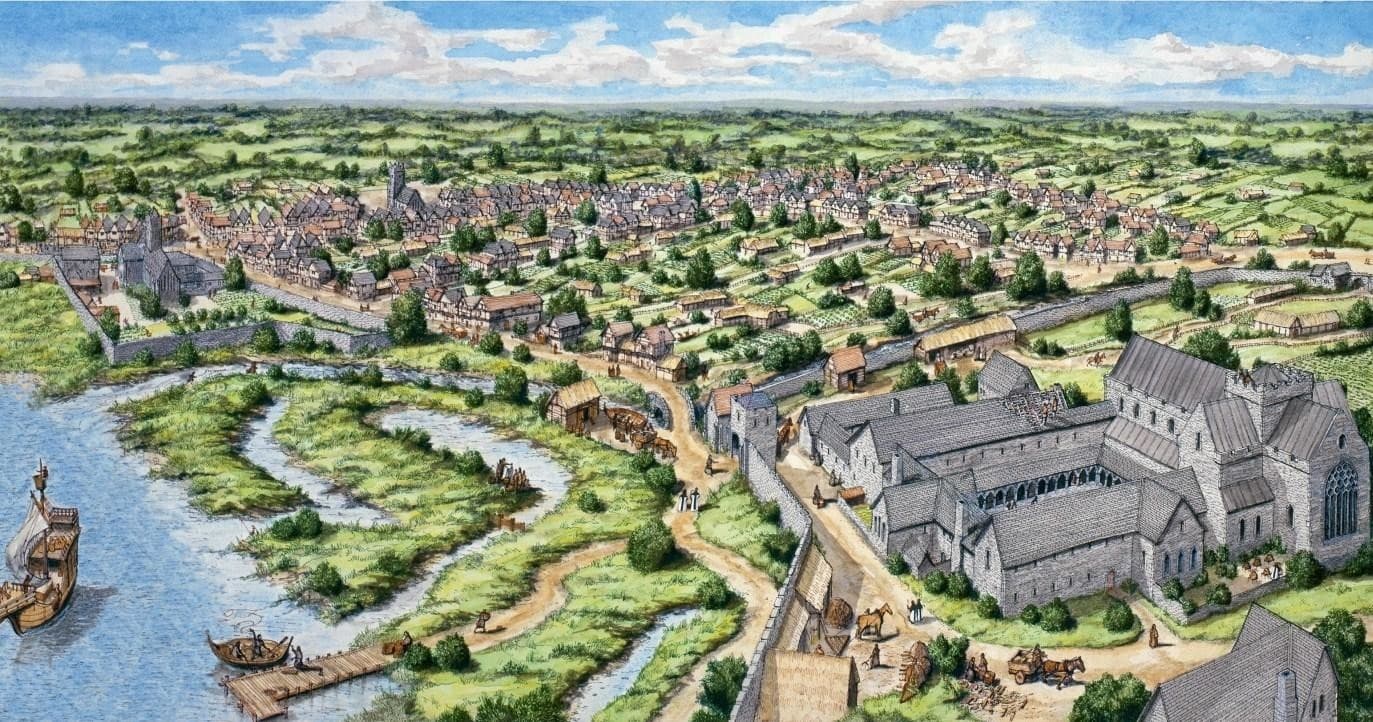 Panoramic illustrated view of historic Dublin town and river