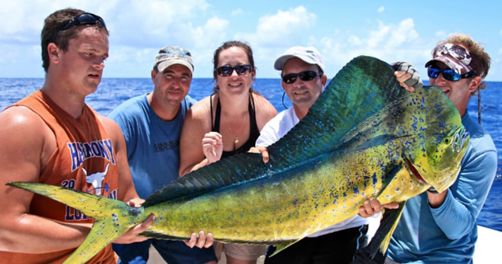 Group of anglers posing with trophy dolphinfish on trip
