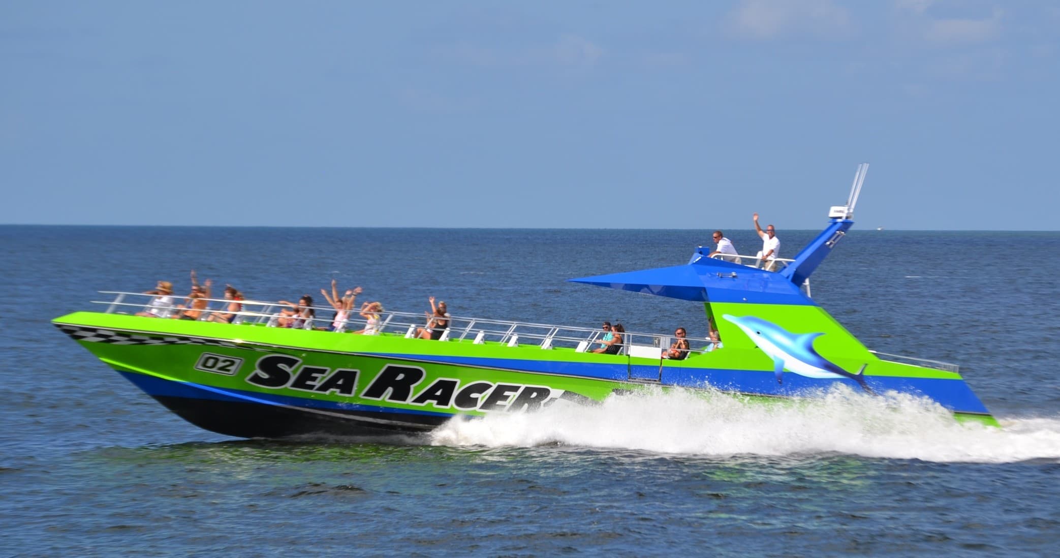 Sea Racer speedboat tour on Myrtle Beach ocean, passengers cheering