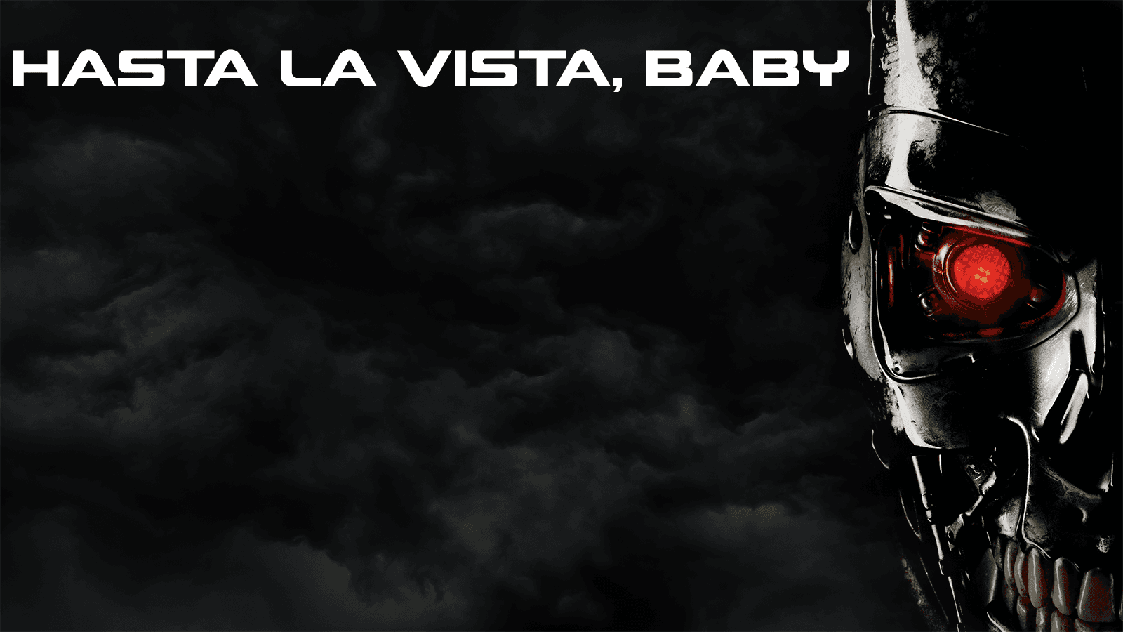 Terminator-style cyborg skull against stormy sky, dramatic banner