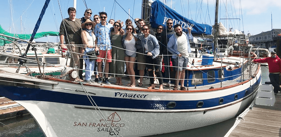 Group sailing charter aboard keelboat at San Francisco marina