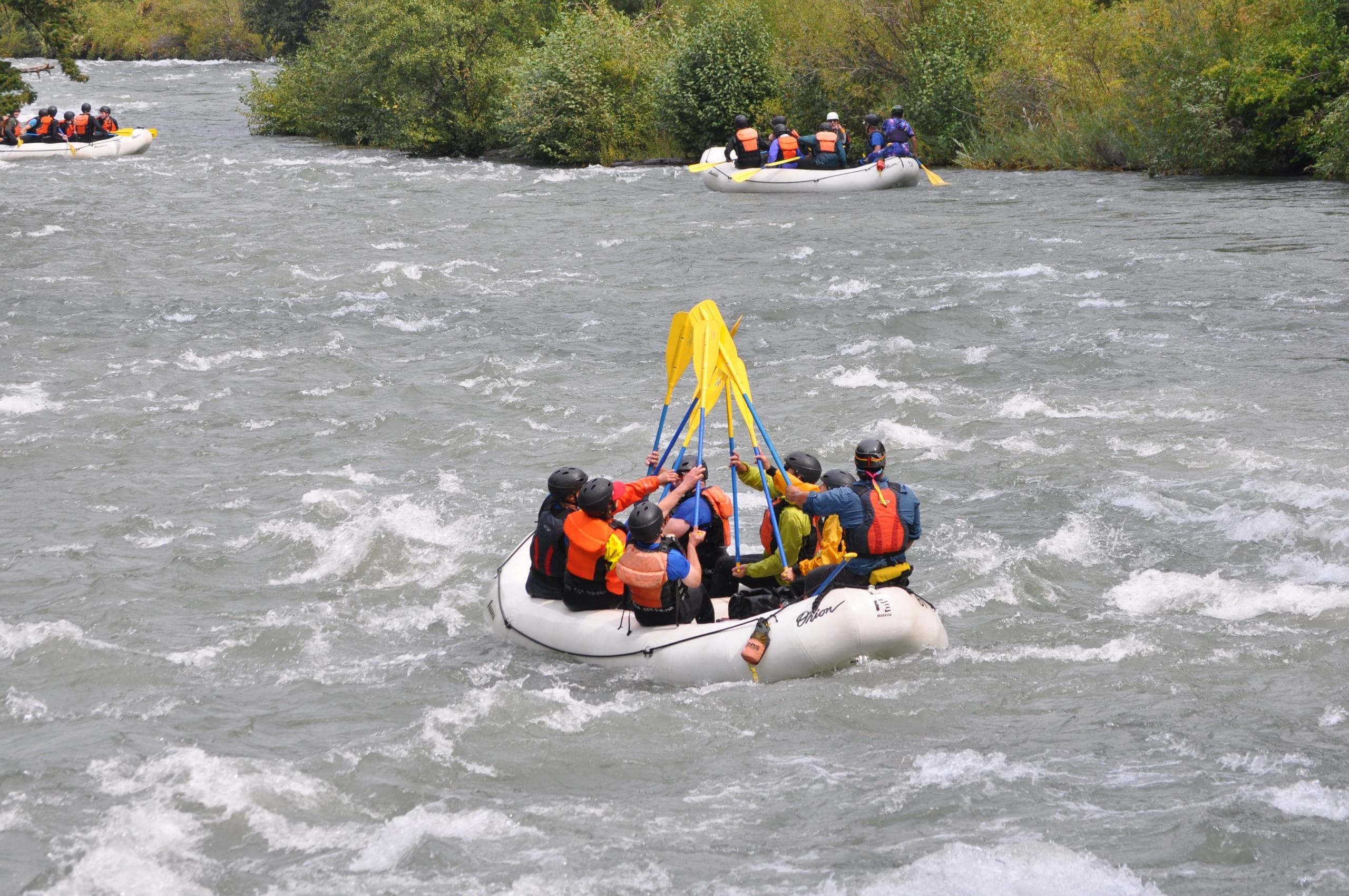 Rafting group navigating broad river with scenic banks