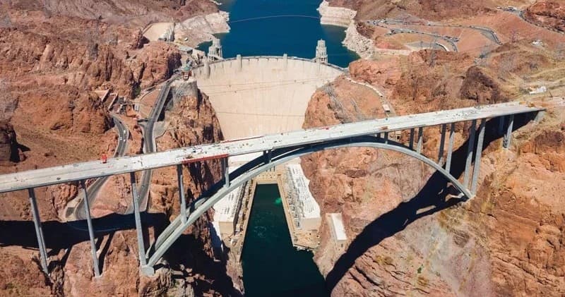 Aerial view of Hoover Dam and Colorado River bridge