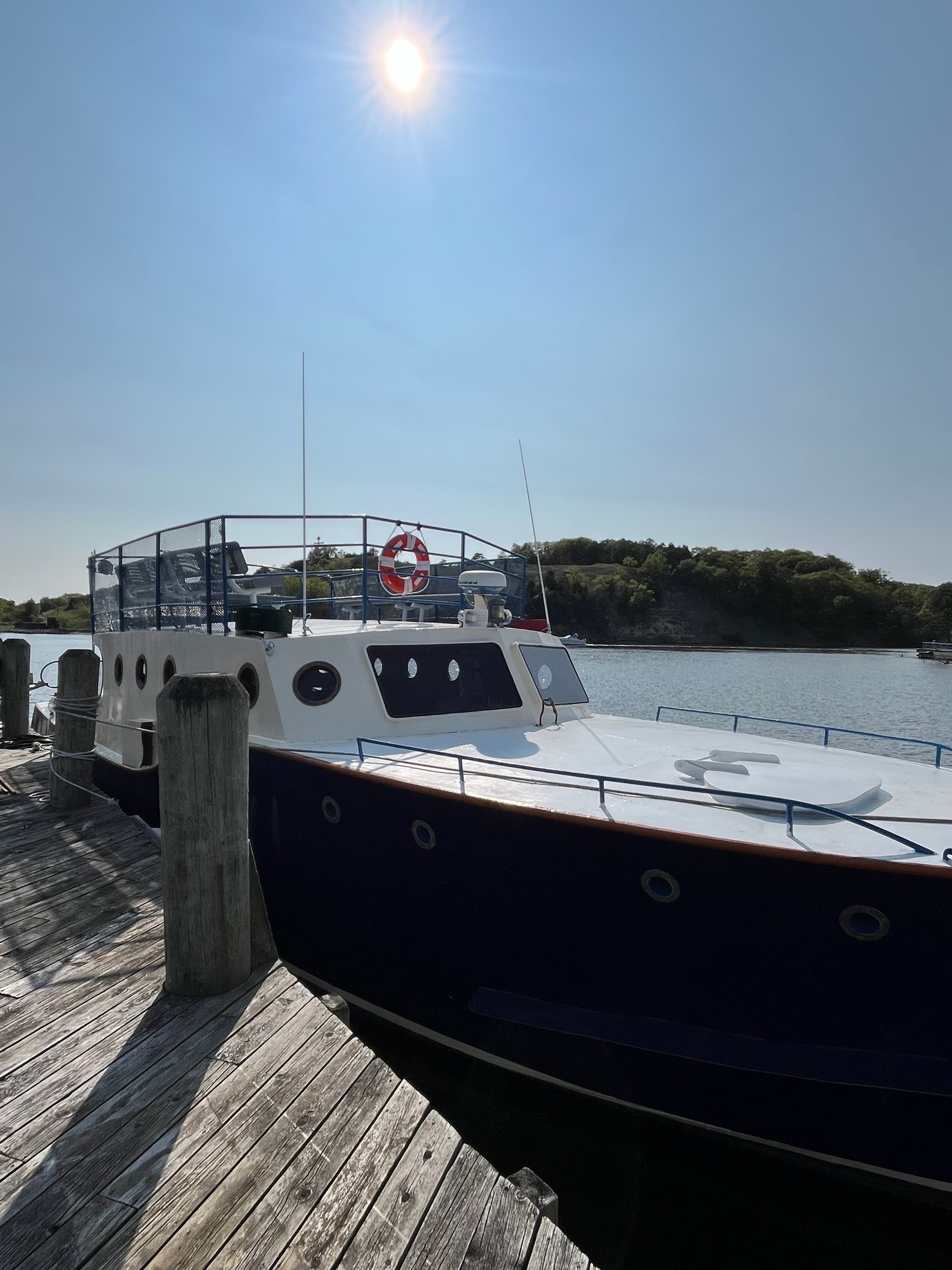 Moored tour boat at sunny dock with lake and wooded shoreline