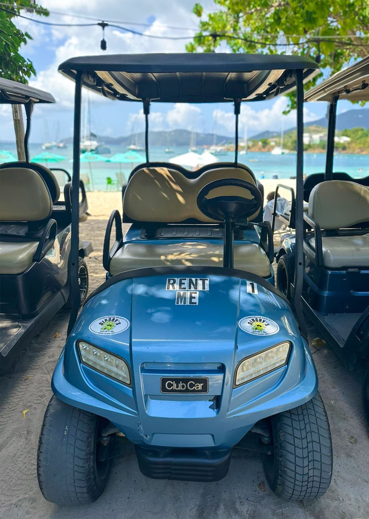 Blue golf cart rental parked by tropical beach snorkeling spot