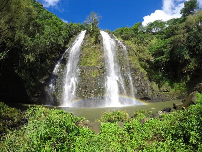 Twin waterfall cascading into tropical pool in lush valley