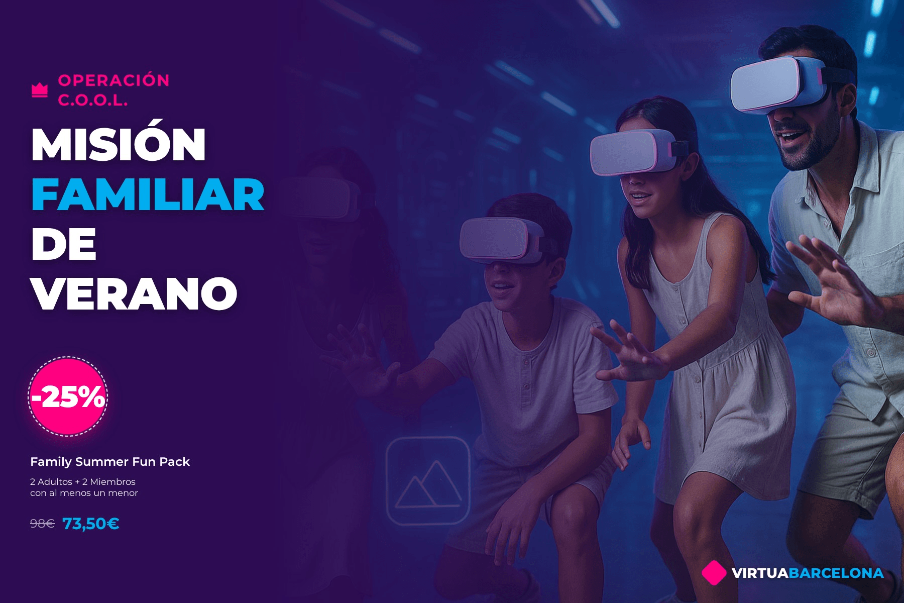 Family VR gaming promotion in Barcelona arcade, group playing