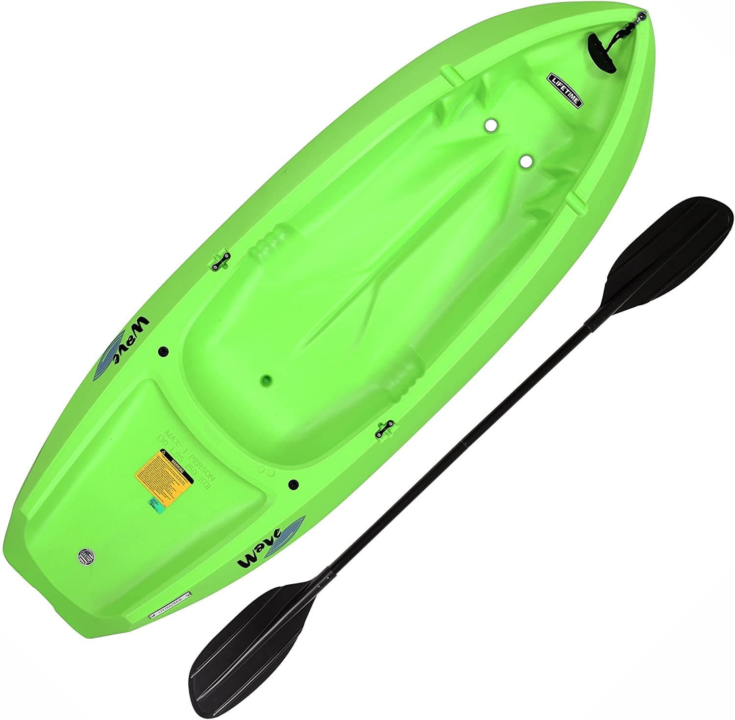 Bright green recreational kayak with paddle studio product shot