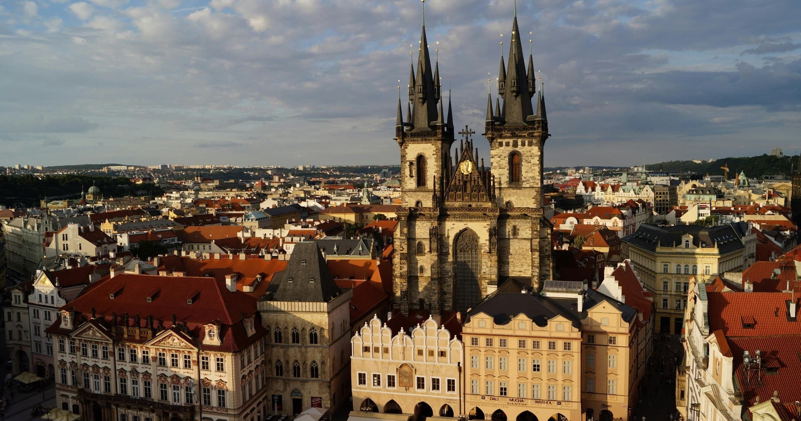 Týn Church skyline and Old Town rooftops in Prague