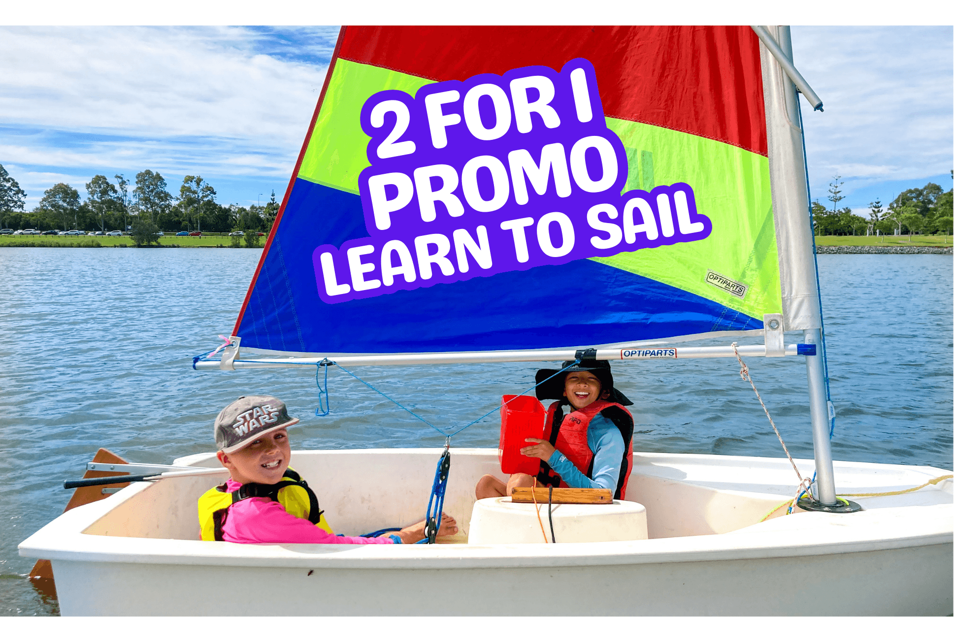 Two children learning to sail in colorful dinghy on lake