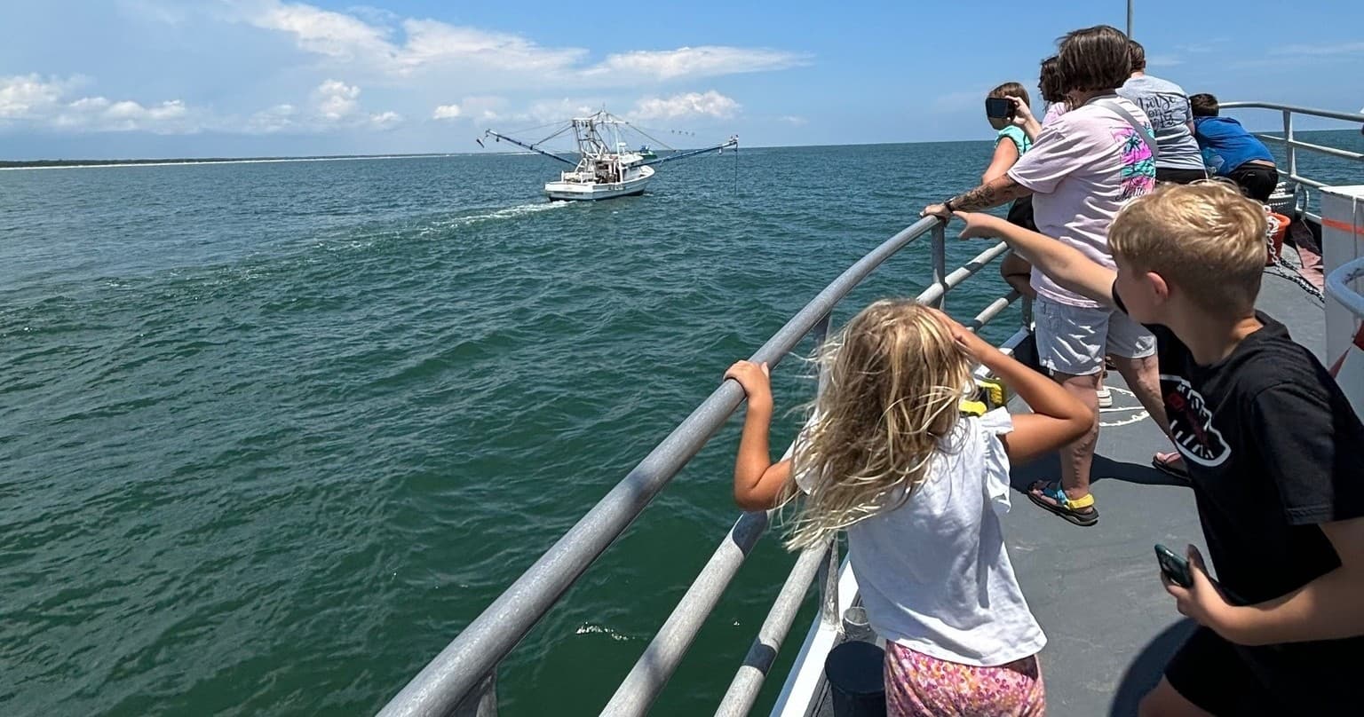 Families watching coastal scenery from charter boat deck