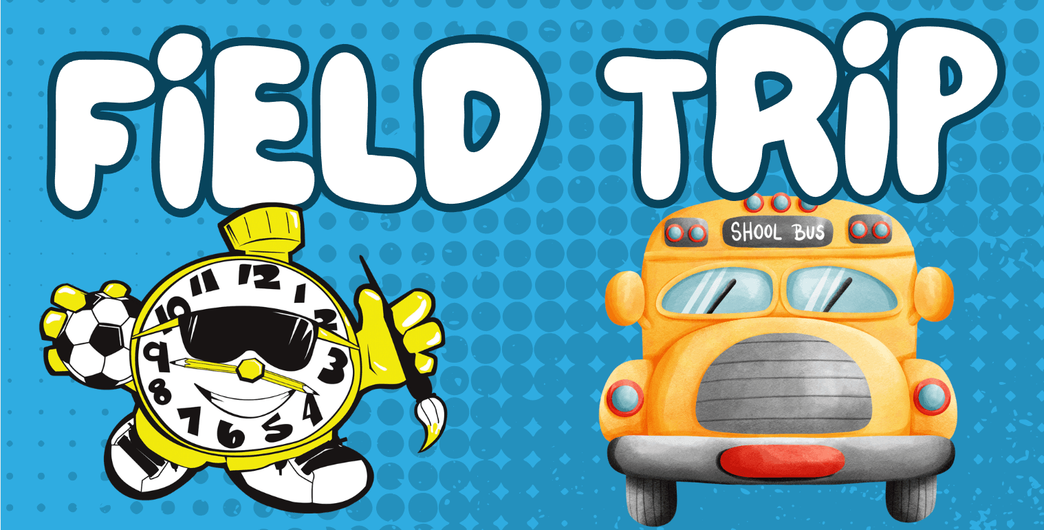 Field trip banner with cartoon school bus promoting kids outing events