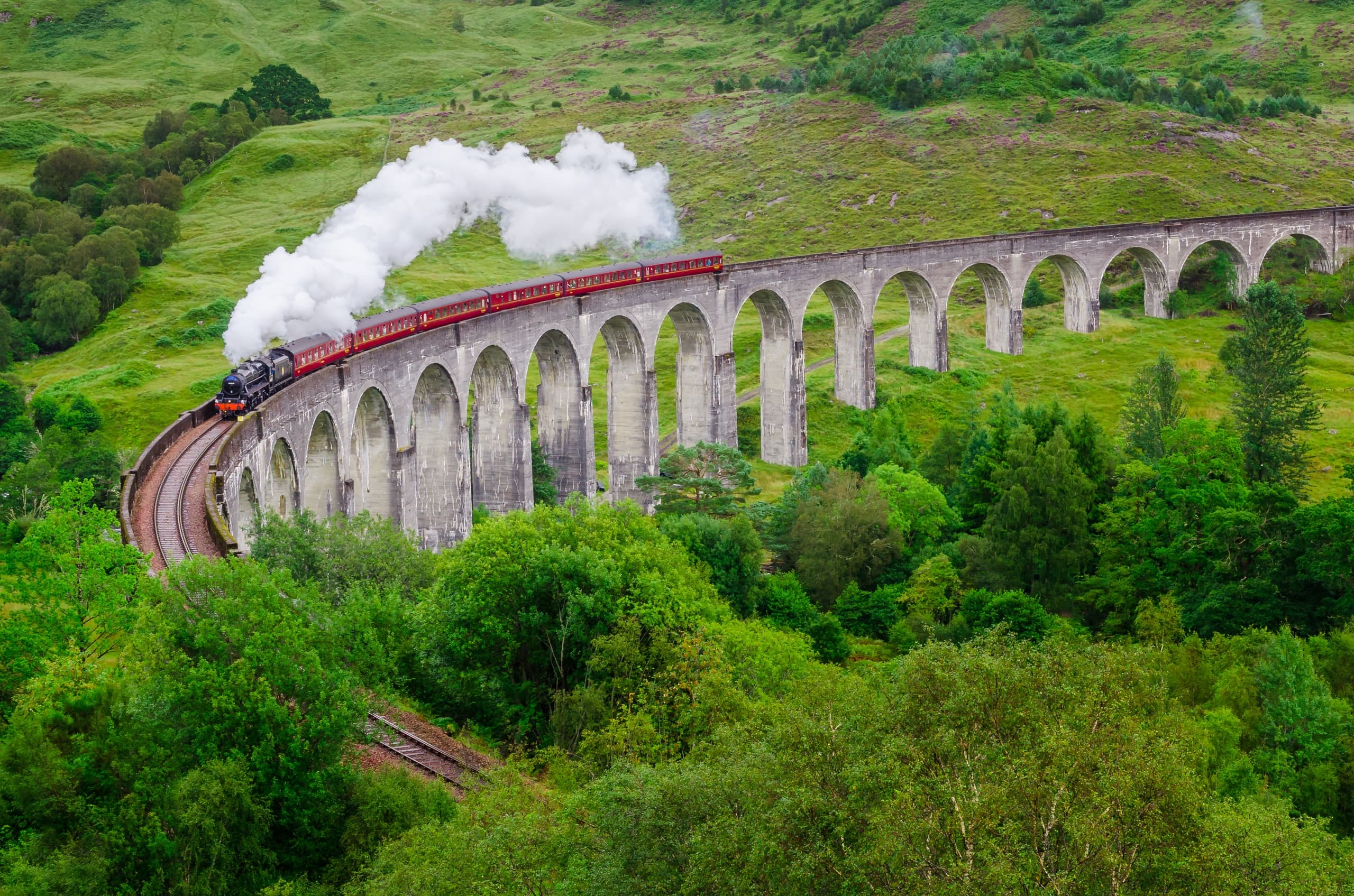 Steam train crossing iconic arched viaduct in lush Highlands