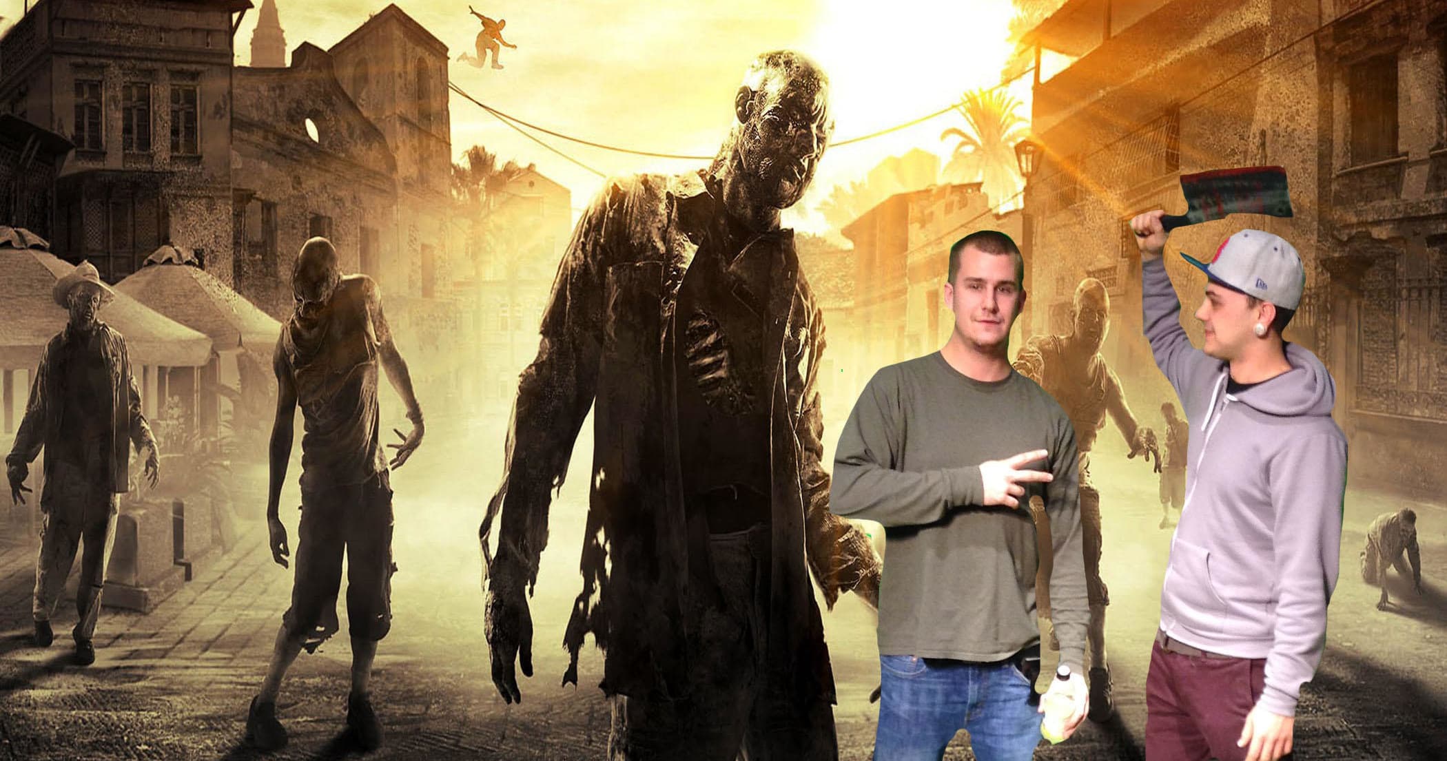 Players confronting zombies on deserted sunlit street scene