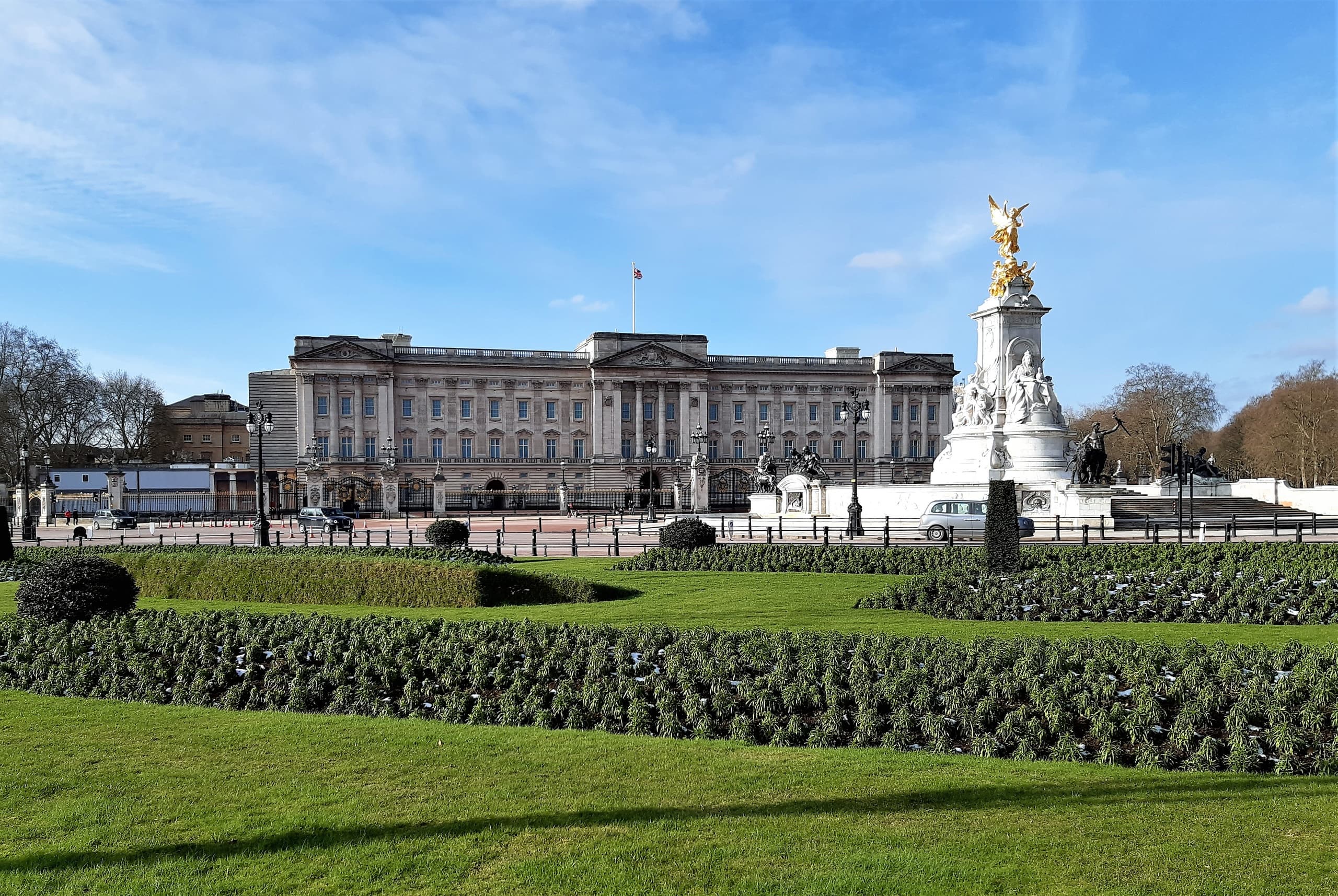 Buckingham Palace with Victoria Memorial and formal gardens London