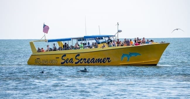 Dolphin-watching boat cruising open Atlantic waters near Myrtle Beach