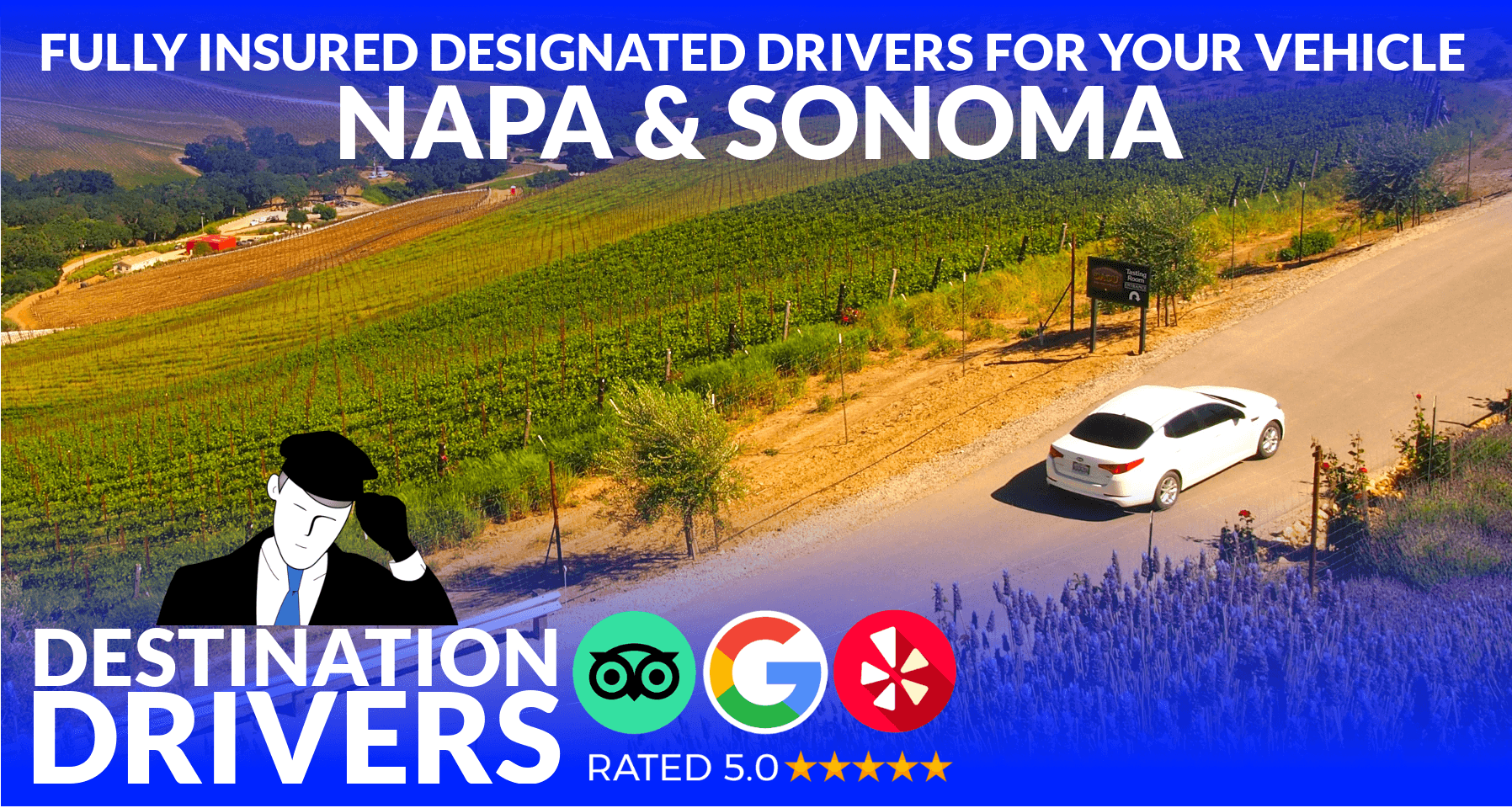 Designated driver service driving through Napa Sonoma vineyards
