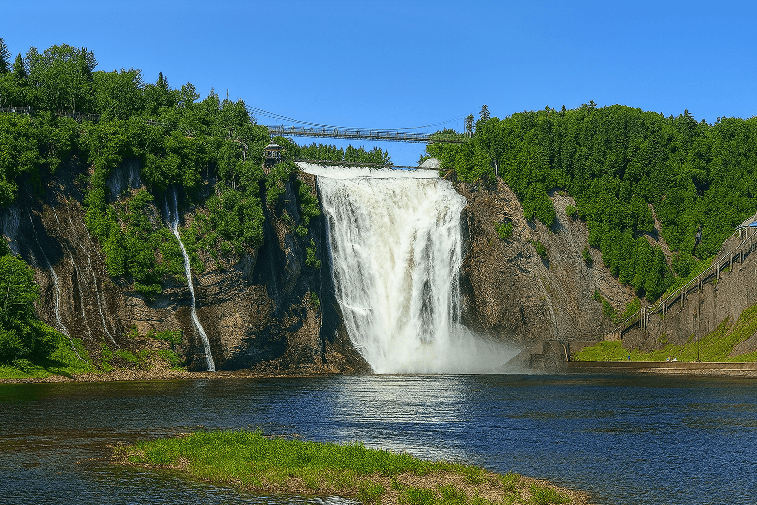 Waterfall and riverside cliffs with viewing bridge, nature tour